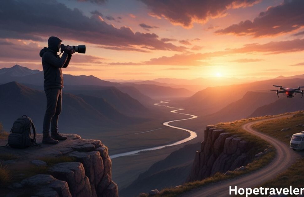Two photographers traveling together with cameras, exploring scenic landscapes and capturing travel moments.