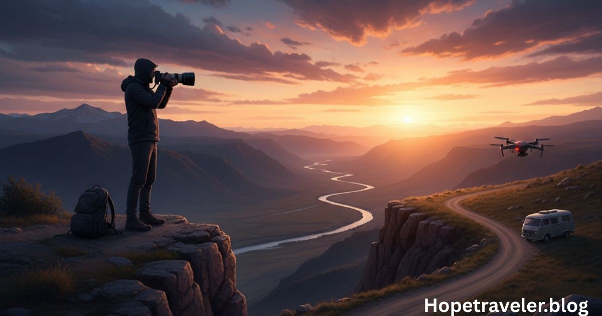 Two photographers traveling together with cameras, exploring scenic landscapes and capturing travel moments.